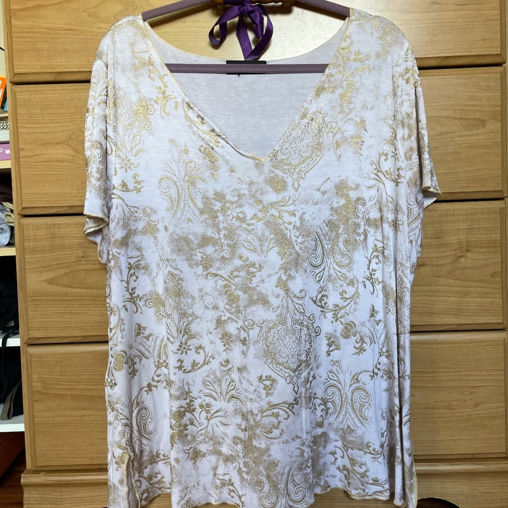 INC Internationals V Neck Gold Printed Short Sleeve Shirt-1X